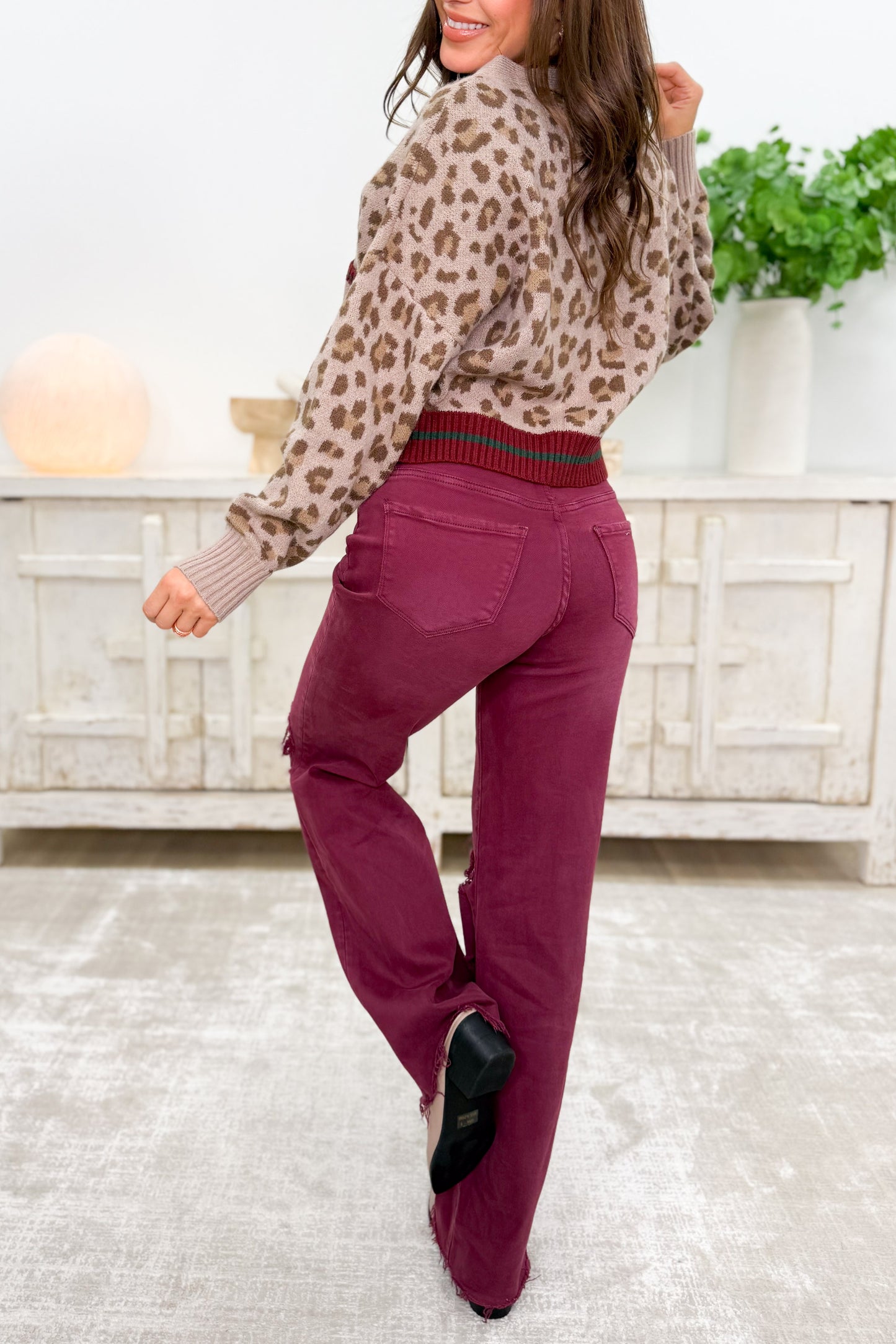 True Obsession By Denim BAR Label - High Rise Wide Leg Tummy Control Jeans - Burgundy
