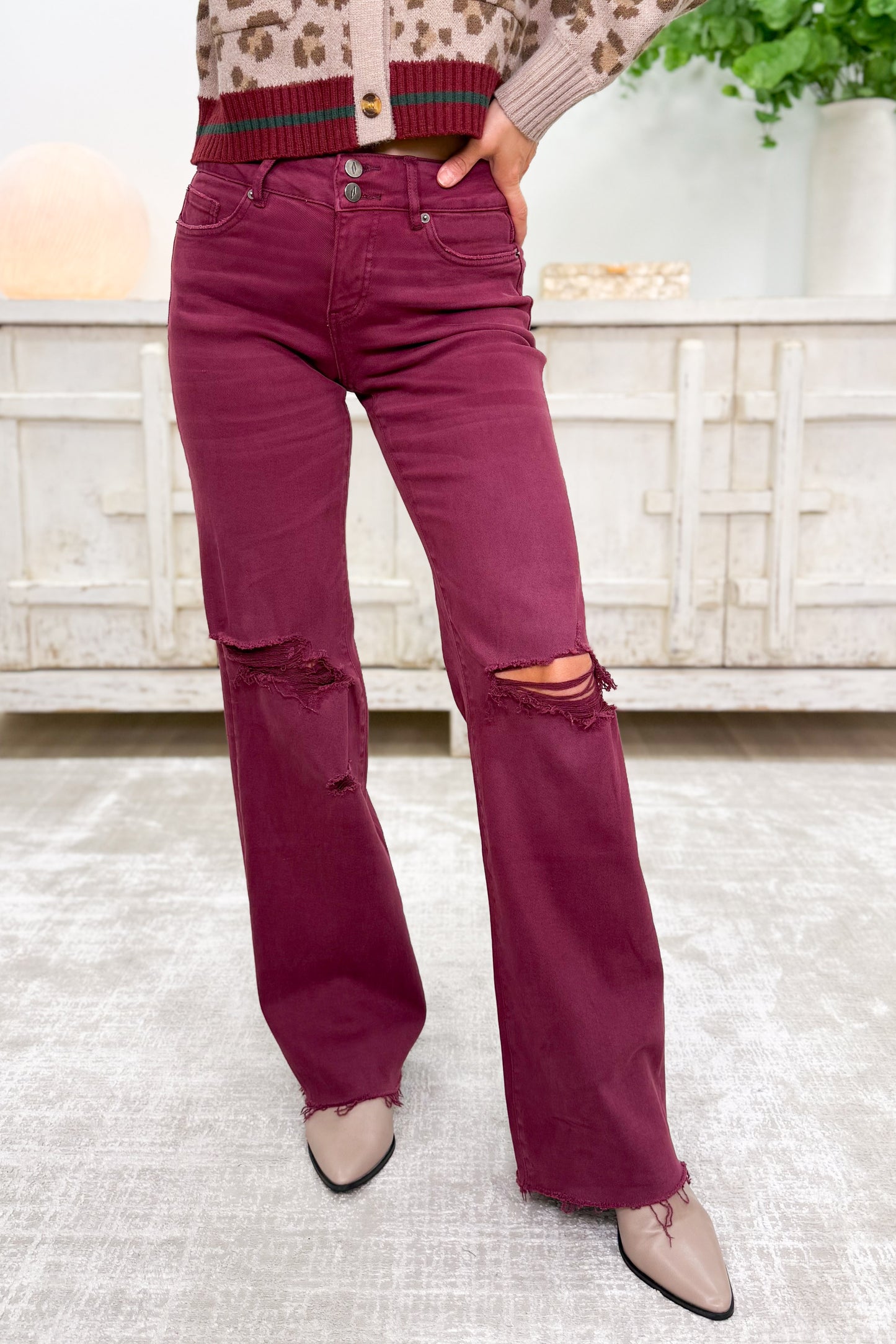 True Obsession By Denim BAR Label - High Rise Wide Leg Tummy Control Jeans - Burgundy