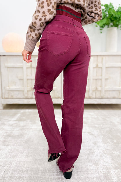 True Obsession By Denim BAR Label - High Rise Wide Leg Tummy Control Jeans - Burgundy