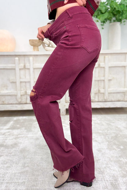 True Obsession By Denim BAR Label - High Rise Wide Leg Tummy Control Jeans - Burgundy
