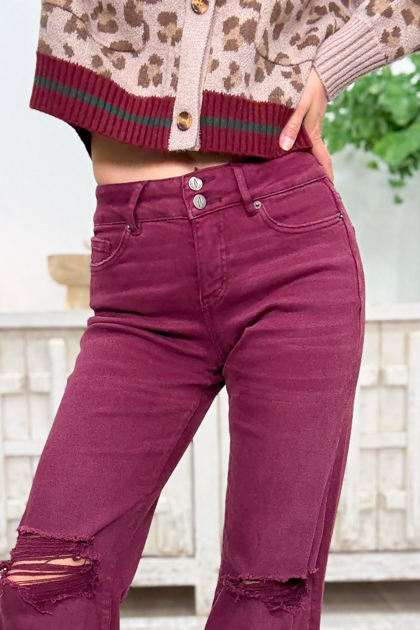 True Obsession By Denim BAR Label - High Rise Wide Leg Tummy Control Jeans - Burgundy