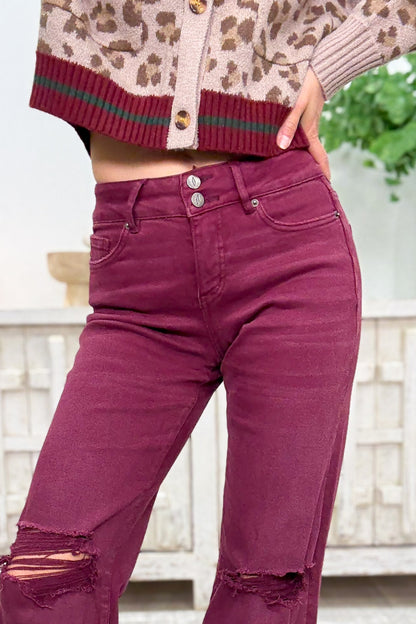 True Obsession By Denim BAR Label - High Rise Wide Leg Tummy Control Jeans - Burgundy