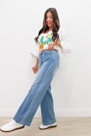 Pop The Bubbly By Mica - Wide Leg Pearl Jeans