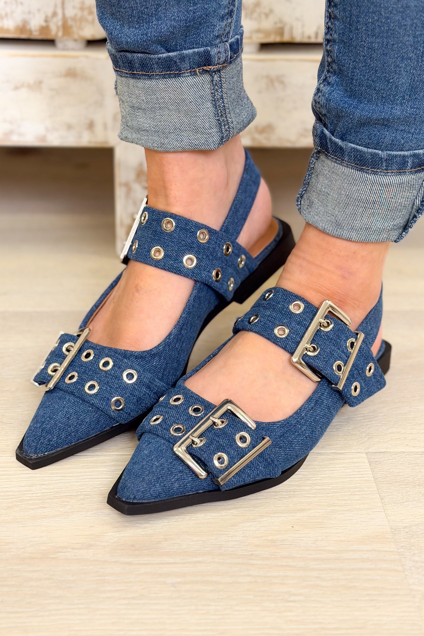 Bel Air Chic Pointed Grommet Flats -Blue Denim