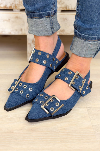 Bel Air Chic Pointed Grommet Flats -Blue Denim