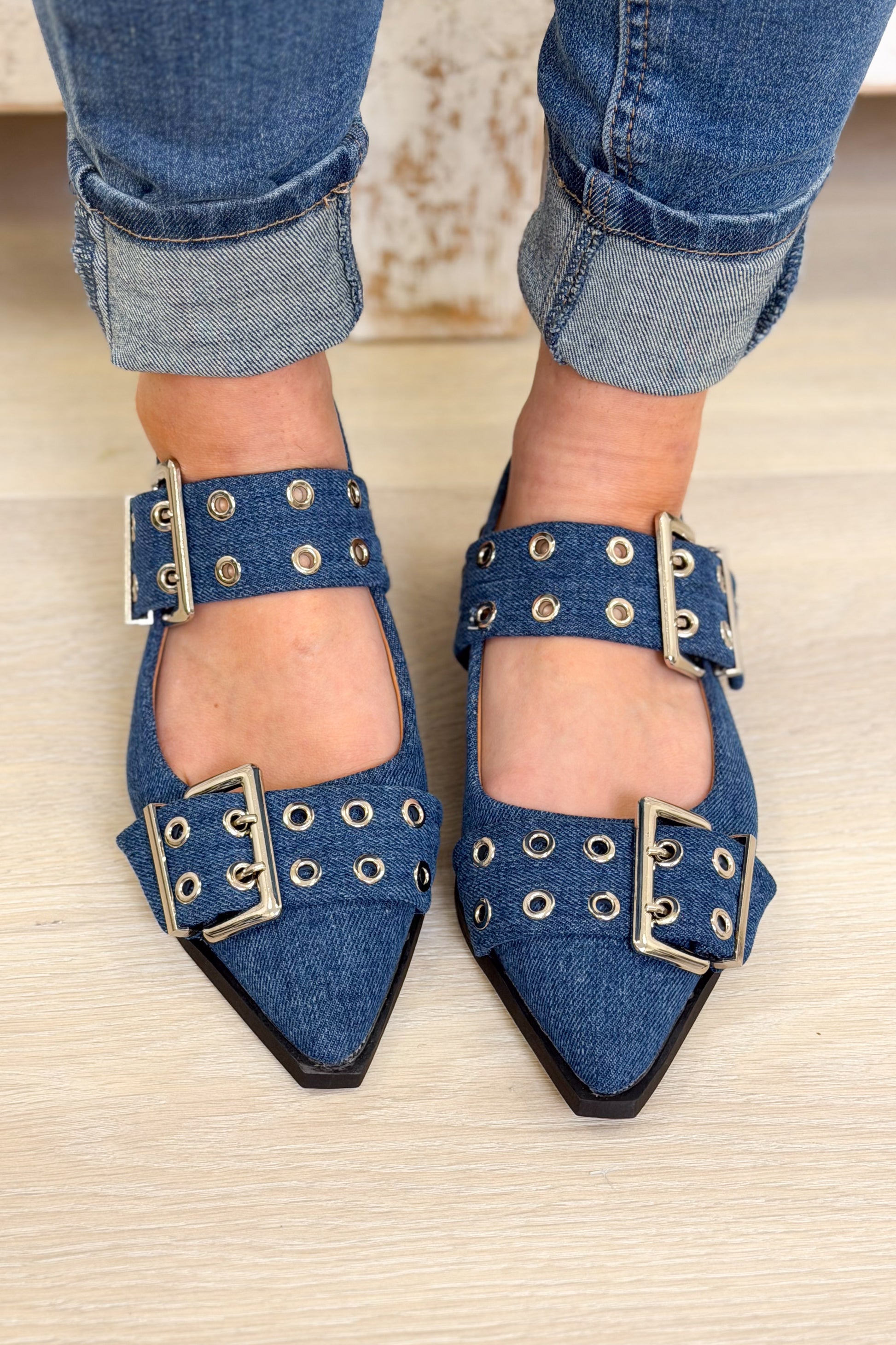 Bel Air Chic Pointed Grommet Flats -Blue Denim