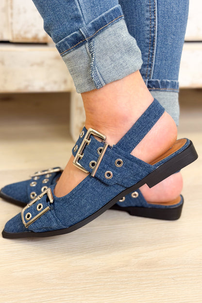 Bel Air Chic Pointed Grommet Flats -Blue Denim