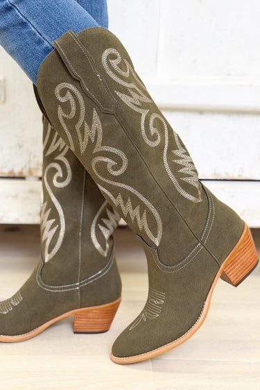 Nia Western Boots - Olive Green