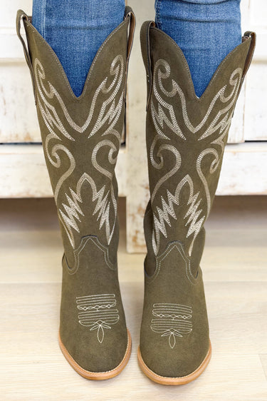 Nia Western Boots - Olive Green