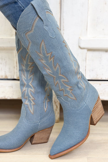 Indigo Knee High Denim Cowgirl Boots - Denim
