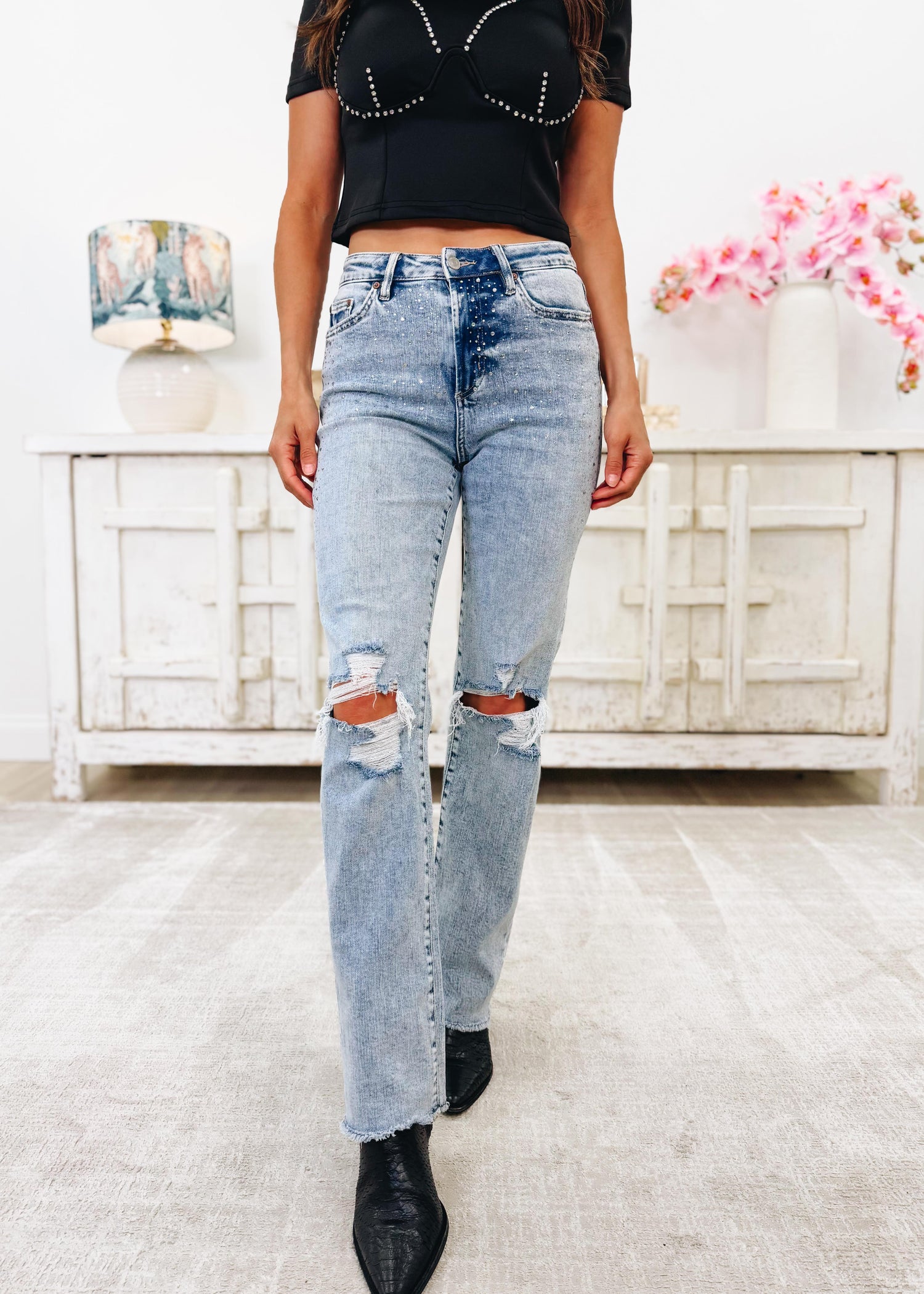 Shimmer Down Now By Mica - Distressed Embellished Jeans