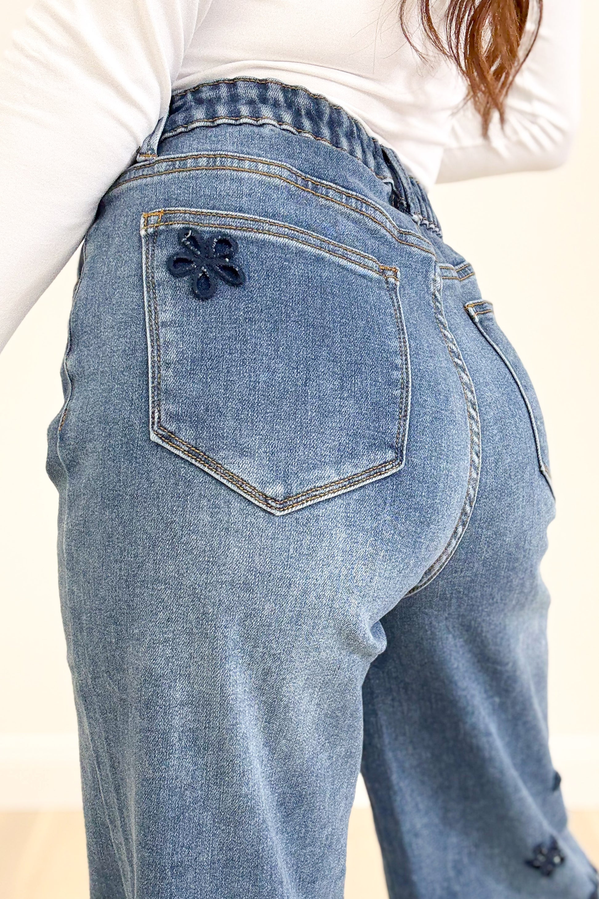 Faithfully Floral Cutout Flower Pants - Denim