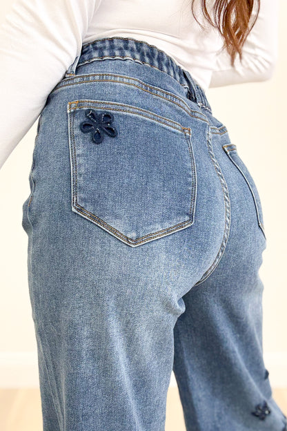 Faithfully Floral Cutout Flower Pants - Denim