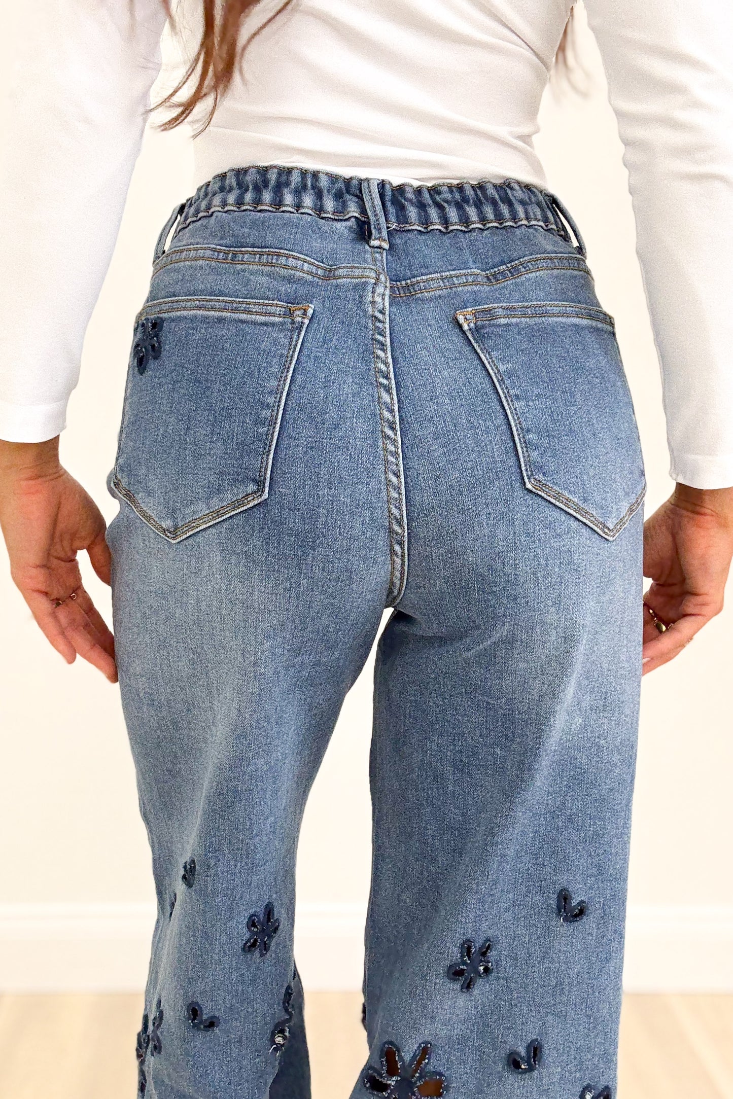 Faithfully Floral Cutout Flower Pants - Denim