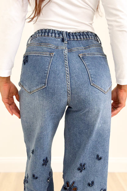 Faithfully Floral Cutout Flower Pants - Denim