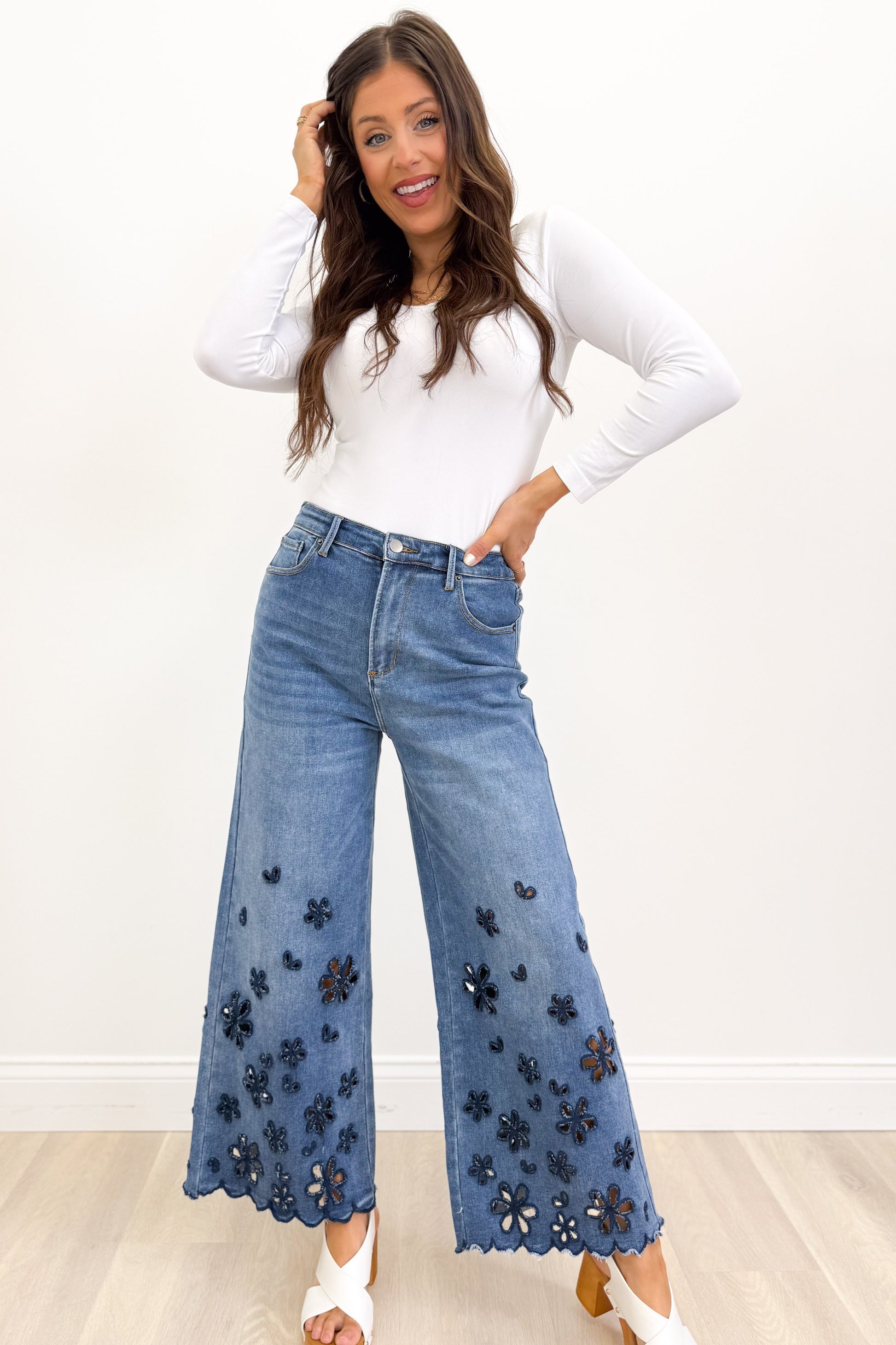 Faithfully Floral Cutout Flower Pants - Denim