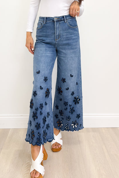 Faithfully Floral Cutout Flower Pants - Denim