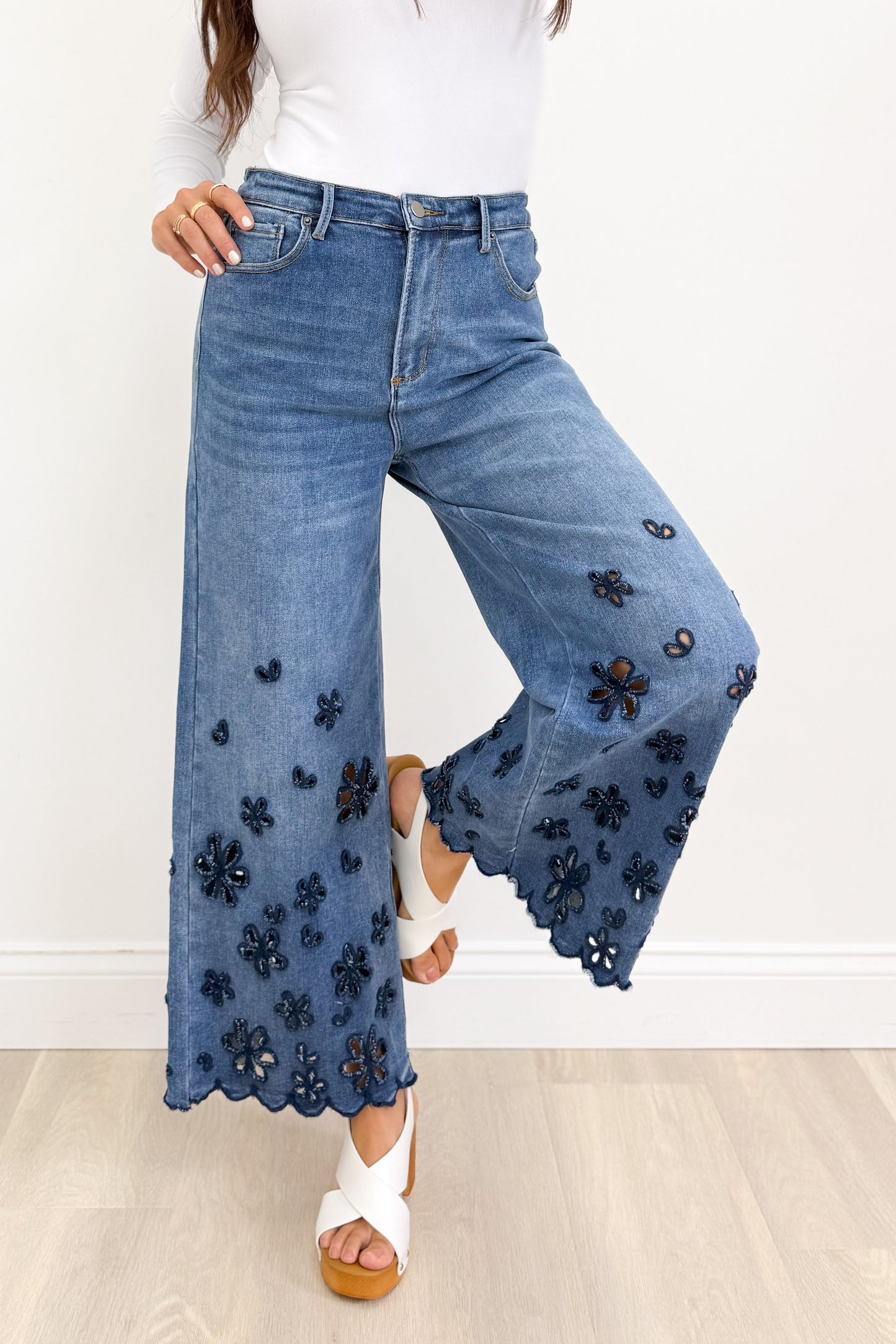Faithfully Floral Cutout Flower Pants - Denim