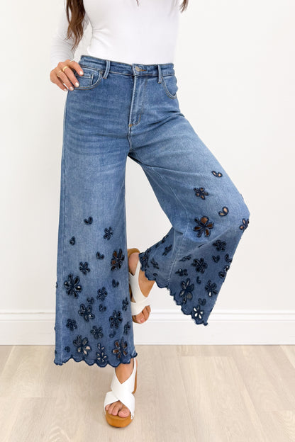 Faithfully Floral Cutout Flower Pants - Denim