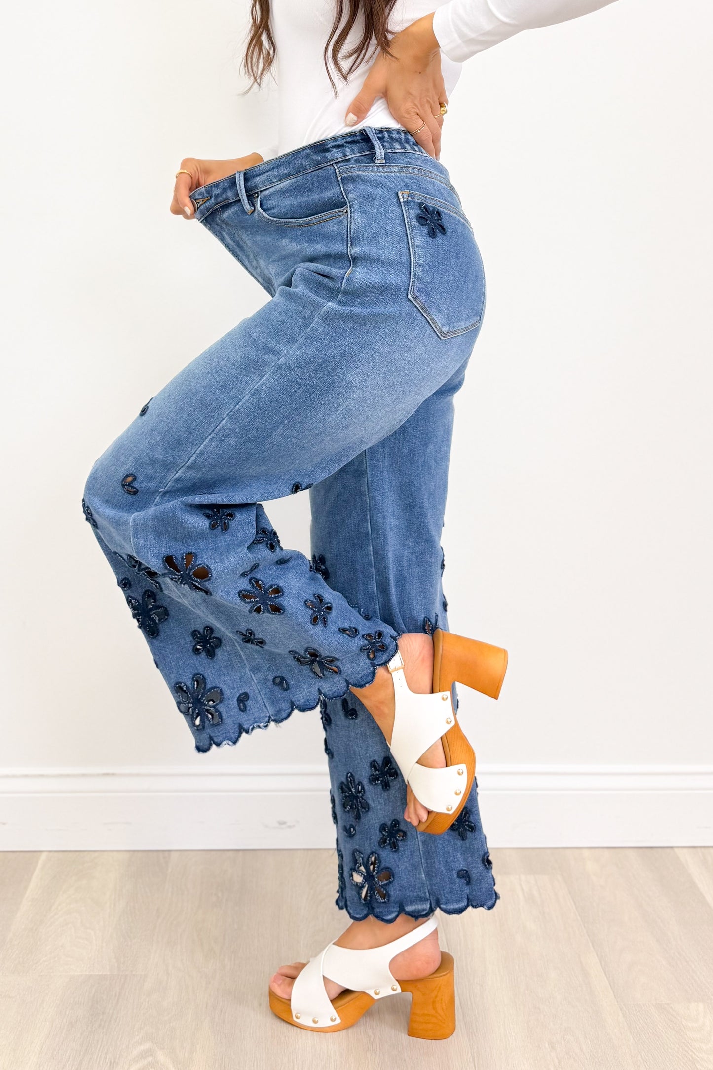 Faithfully Floral Cutout Flower Pants - Denim