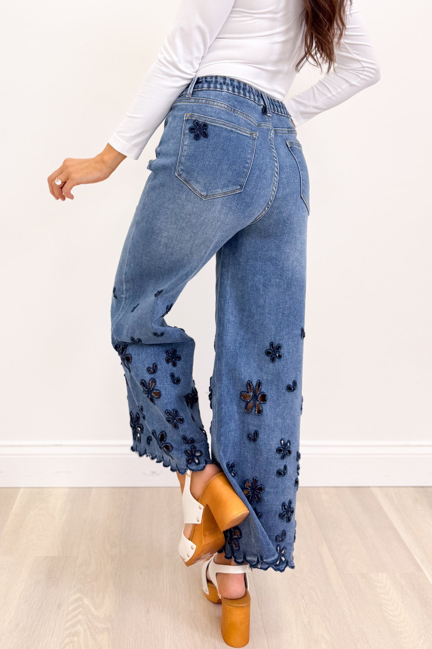 Faithfully Floral Cutout Flower Pants - Denim