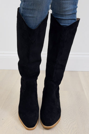 Wilde Tall Western Block Heel Boots - Black Suede