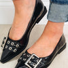 Rivets Pointed Toe Mary Jane Flats - Black