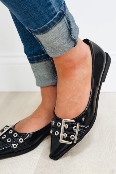 Rivets Pointed Toe Mary Jane Flats - Black