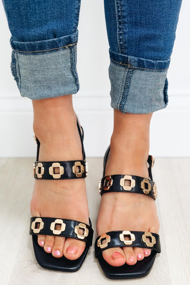 Malia Gold Embellish Block Heels - Black