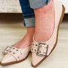 Rivets Pointed Toe Mary Jane Flats - Nude