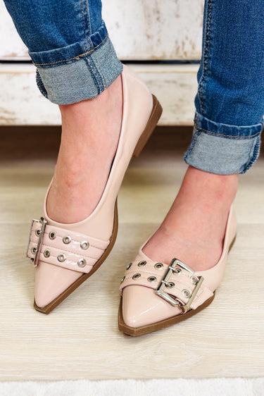 Rivets Pointed Toe Mary Jane Flats - Nude