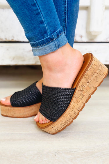 Earnest Braided Cork Platform Sandals - Black