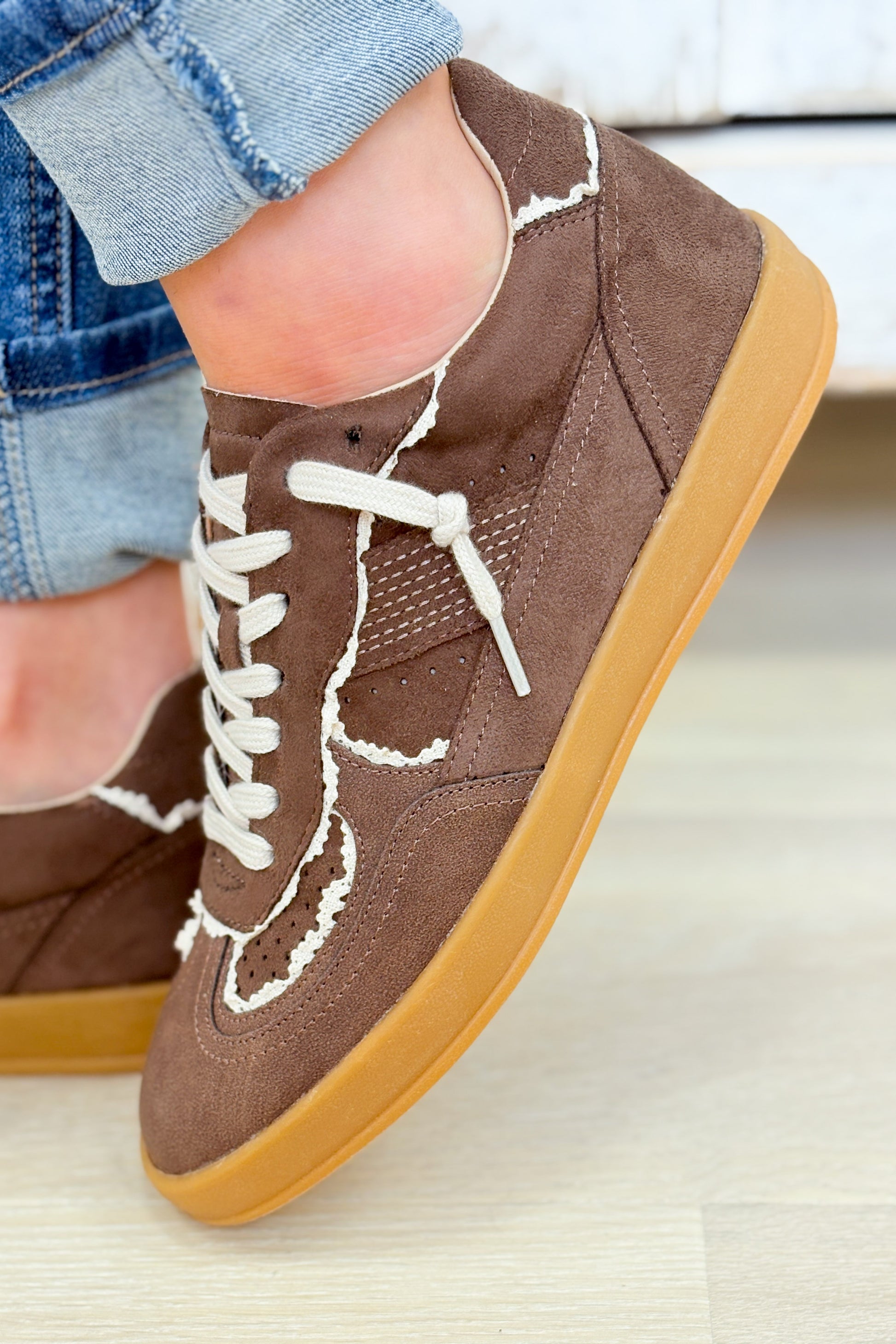 Eleanor Lace Trim Sneakers - Brown