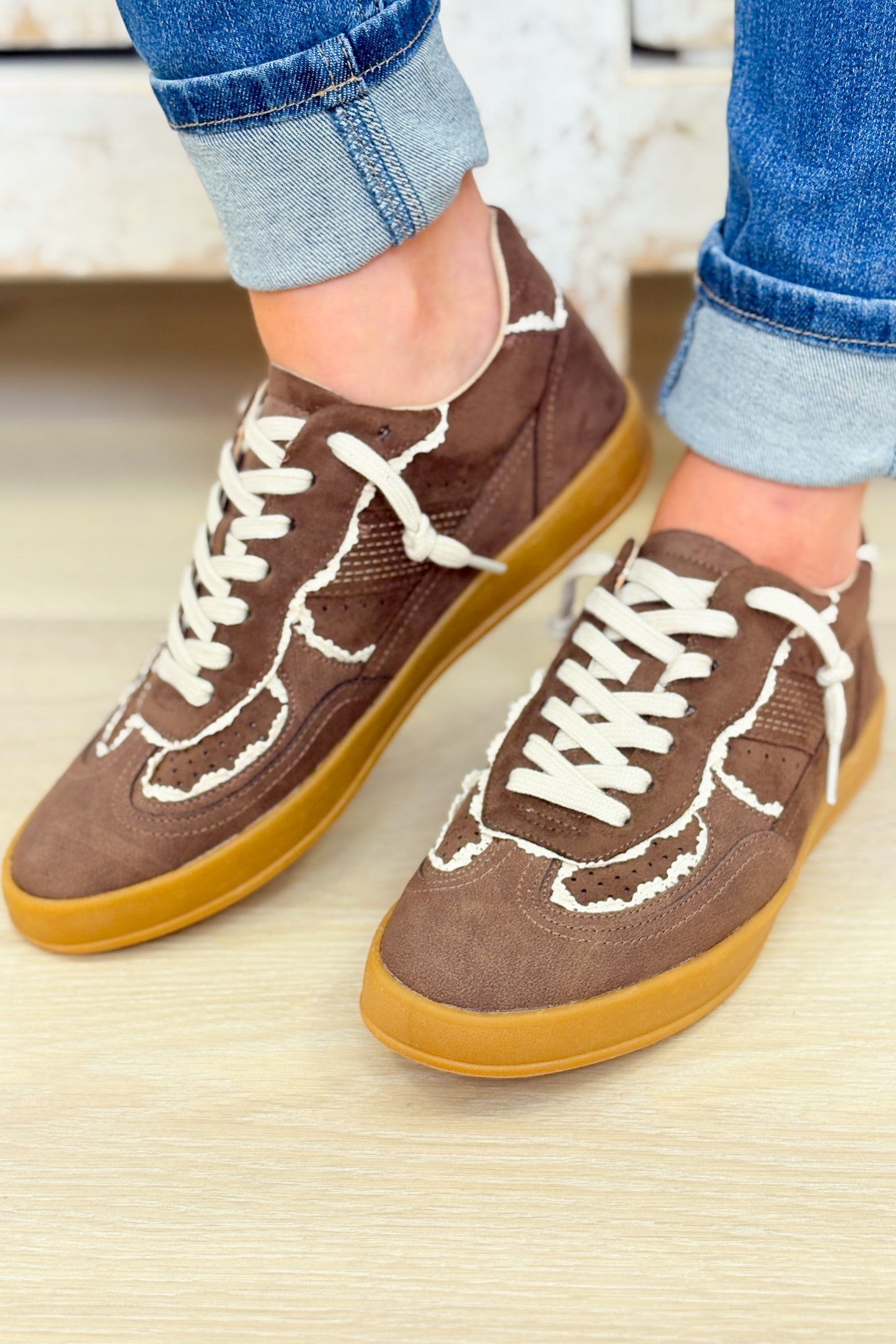 Eleanor Lace Trim Sneakers - Brown