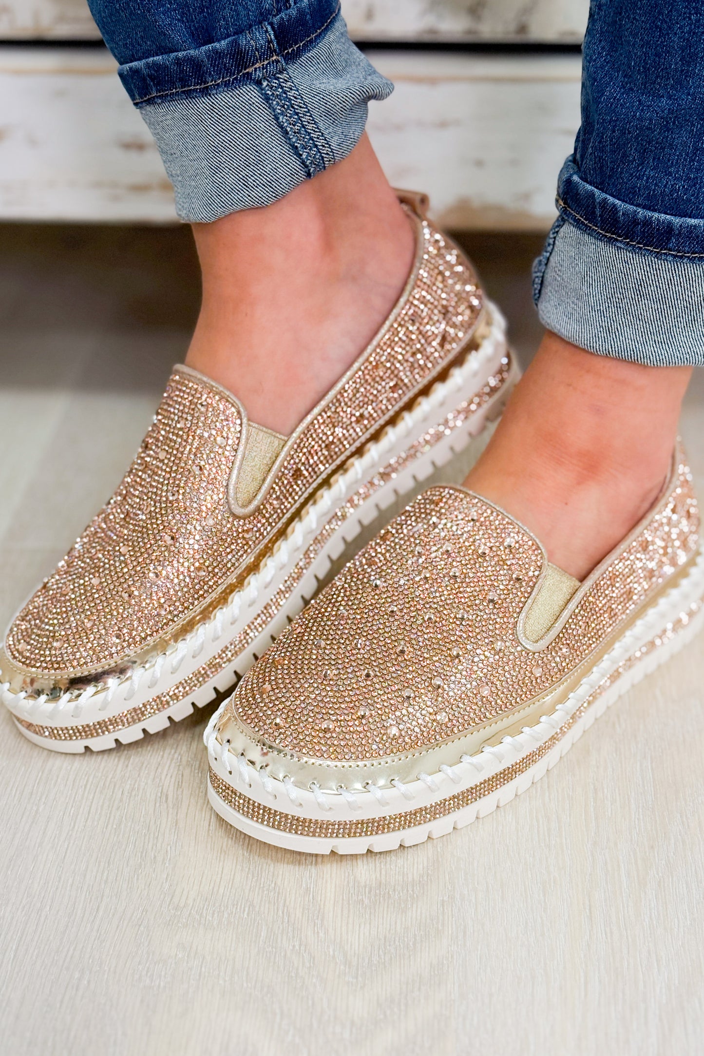 Brittany Slip On Rhinestone Sneakers - Rose Gold