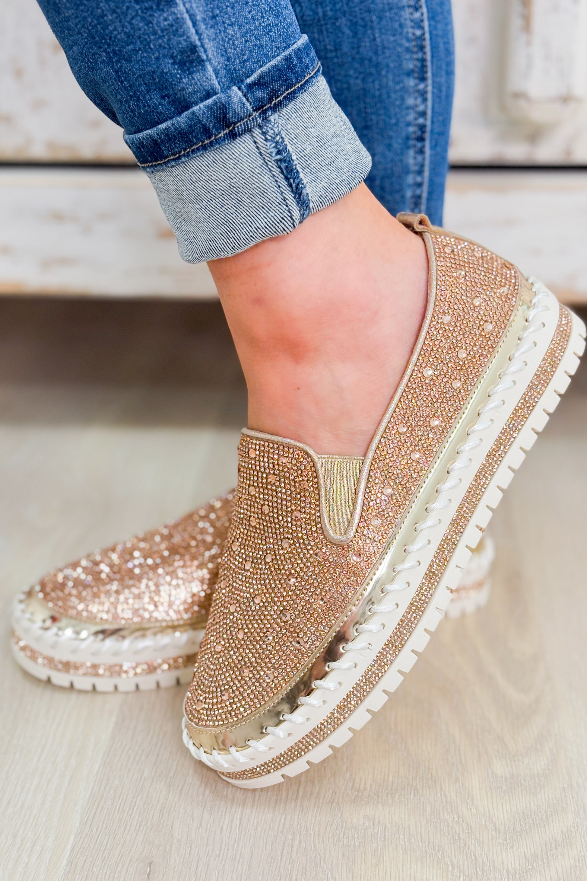 Brittany Slip On Rhinestone Sneakers - Rose Gold