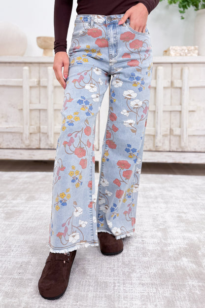 Bloomed With Love Straight Fit Jeans - Washed Denim