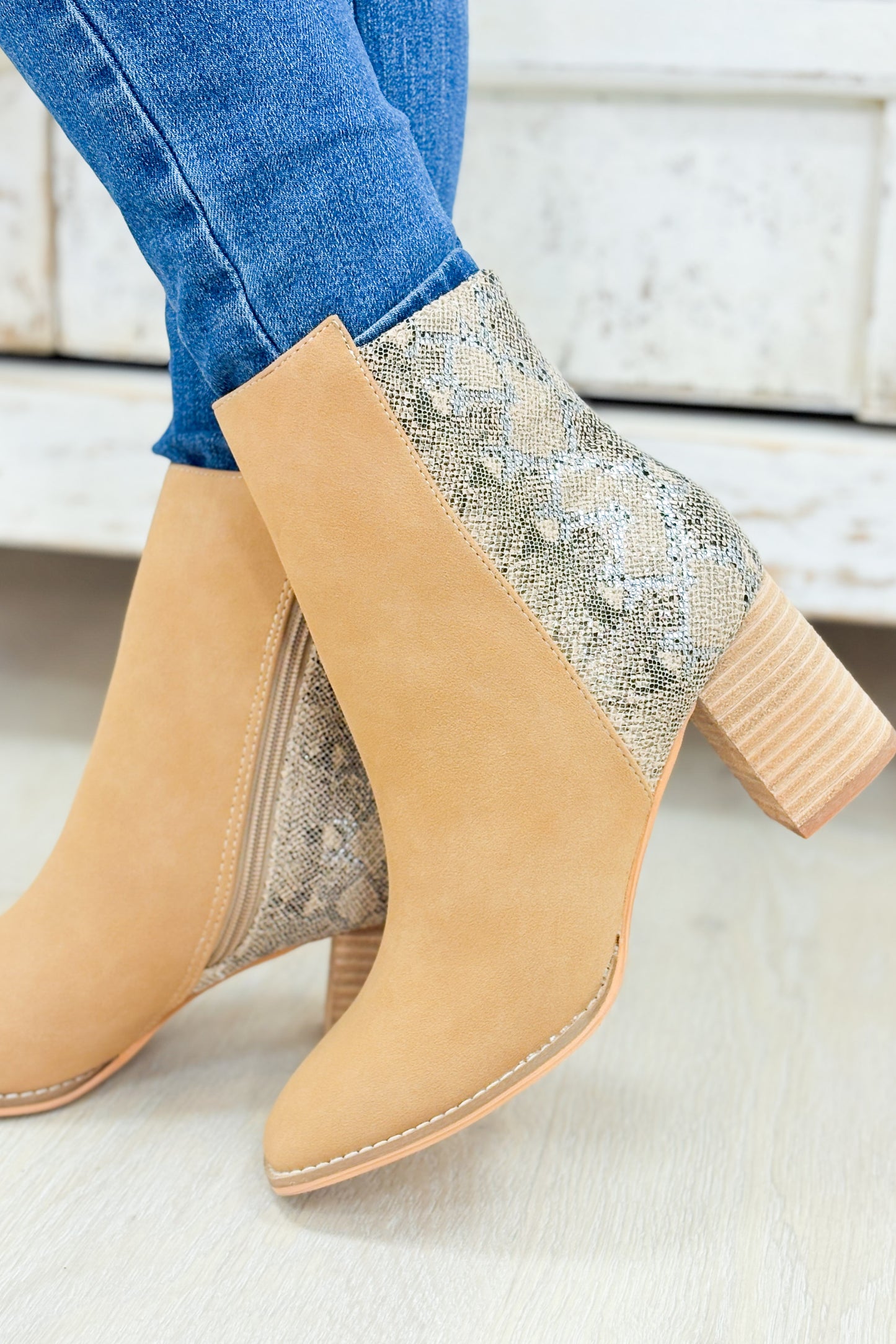 Jennifer Two Tone Semi Square Toe Ankle Boots - Camel Python