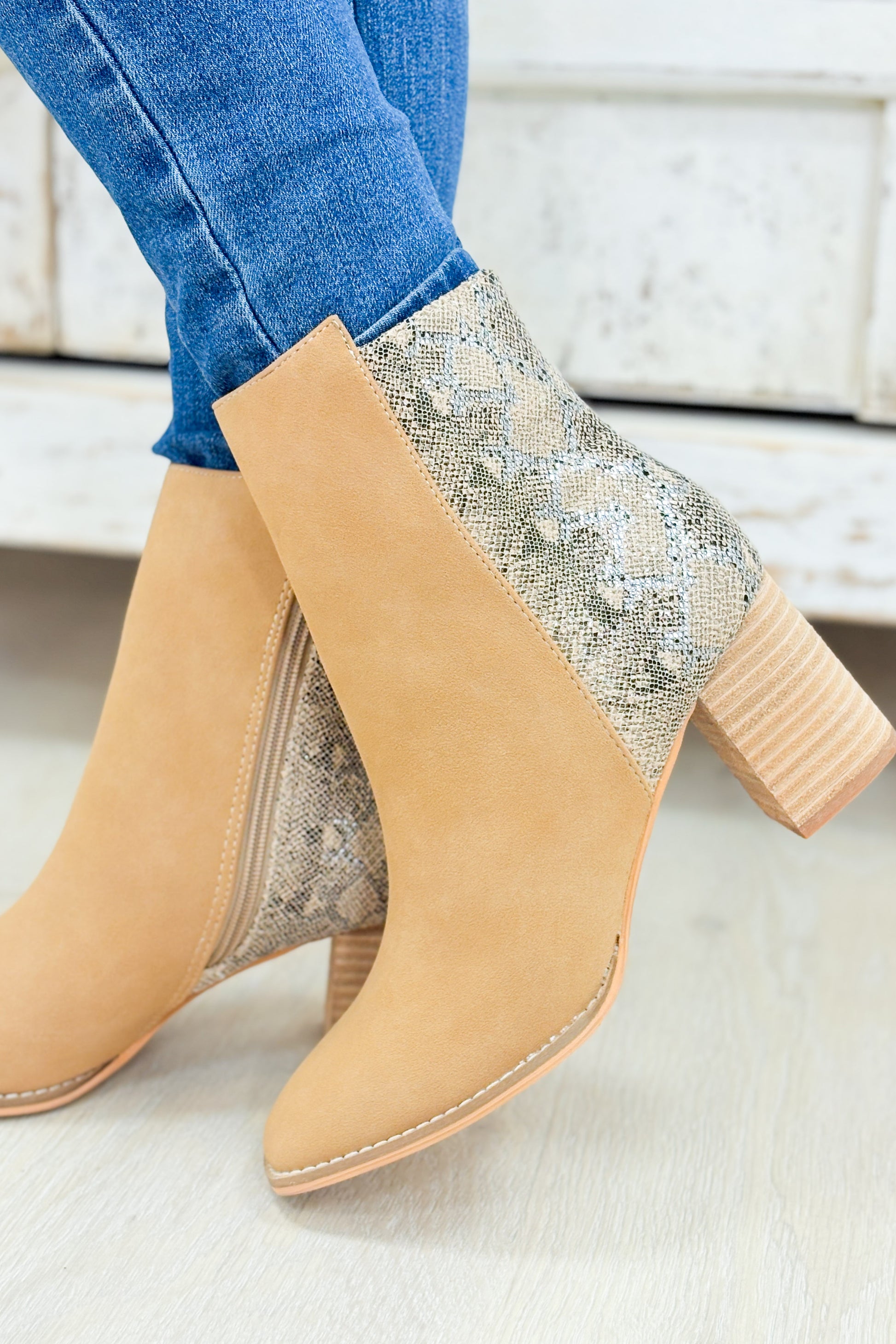 Jennifer Two Tone Semi Square Toe Ankle Boots - Camel Python
