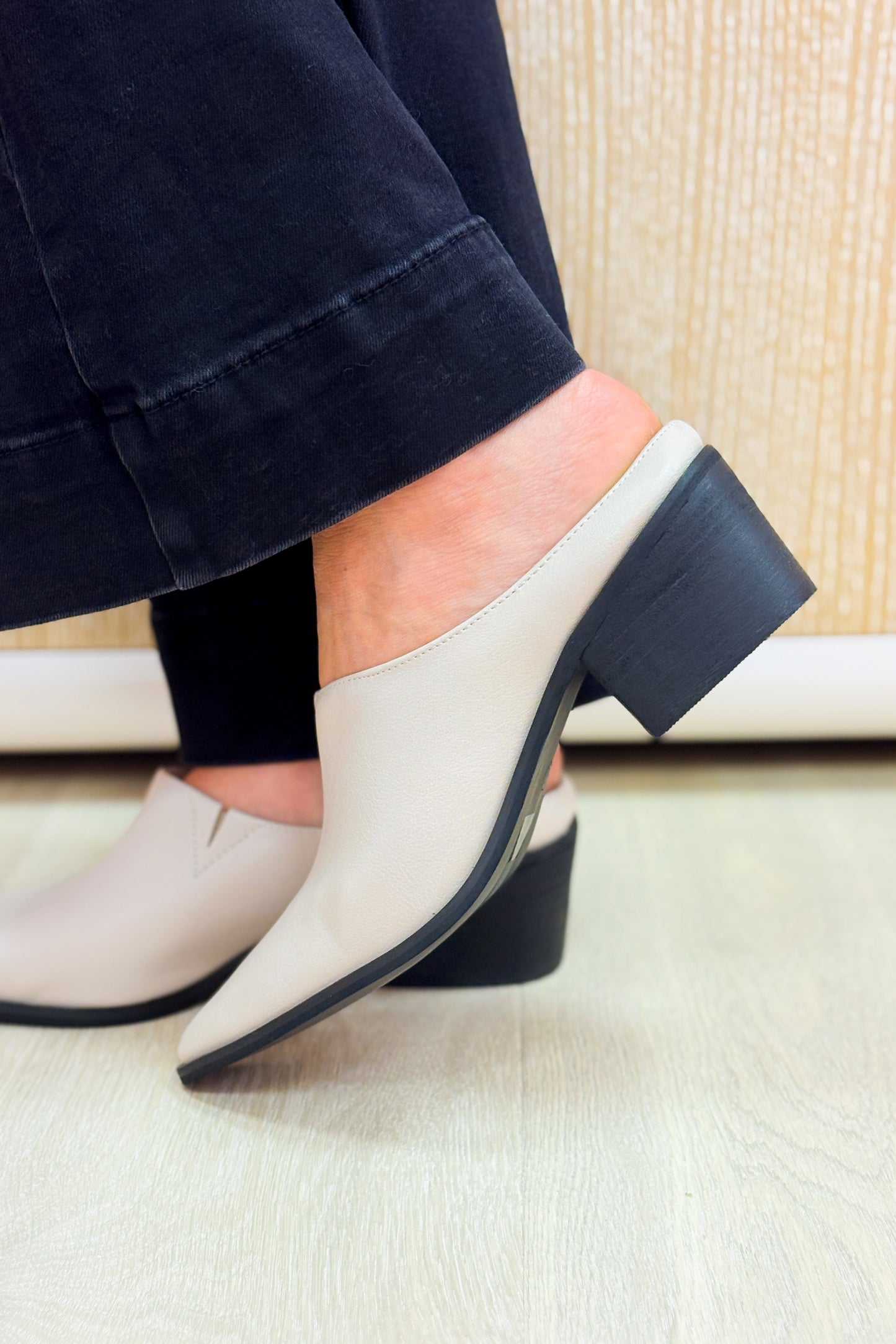 Gina Pointed Black Heel Mules - Bone