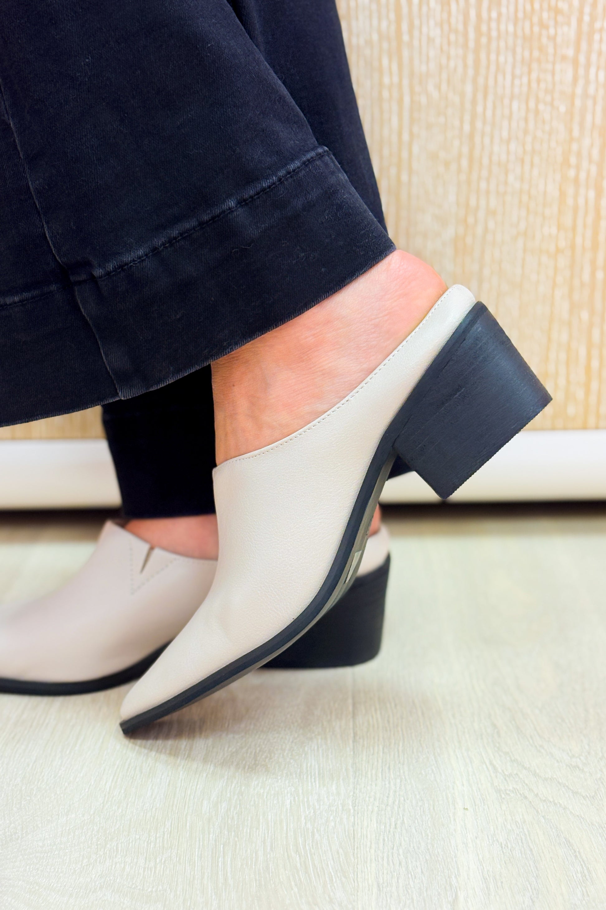 Gina Pointed Black Heel Mules - Bone