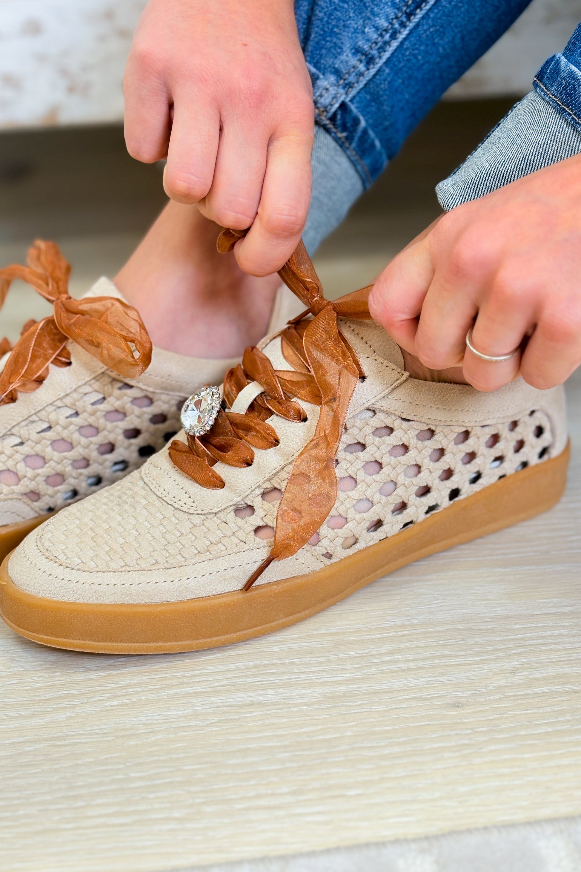 Giselle Suede Woven Sneakers - Beige