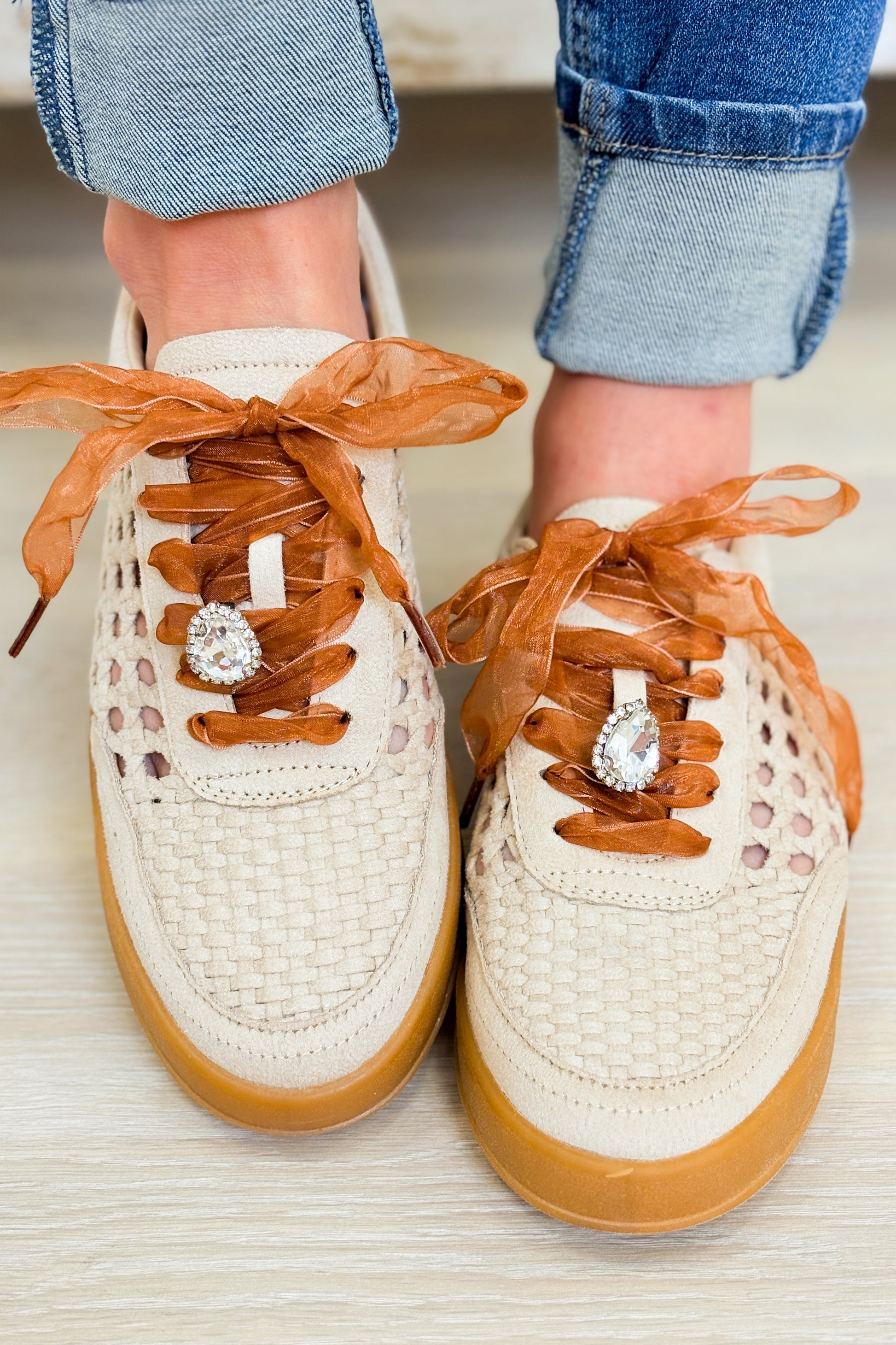 Giselle Suede Woven Sneakers - Beige