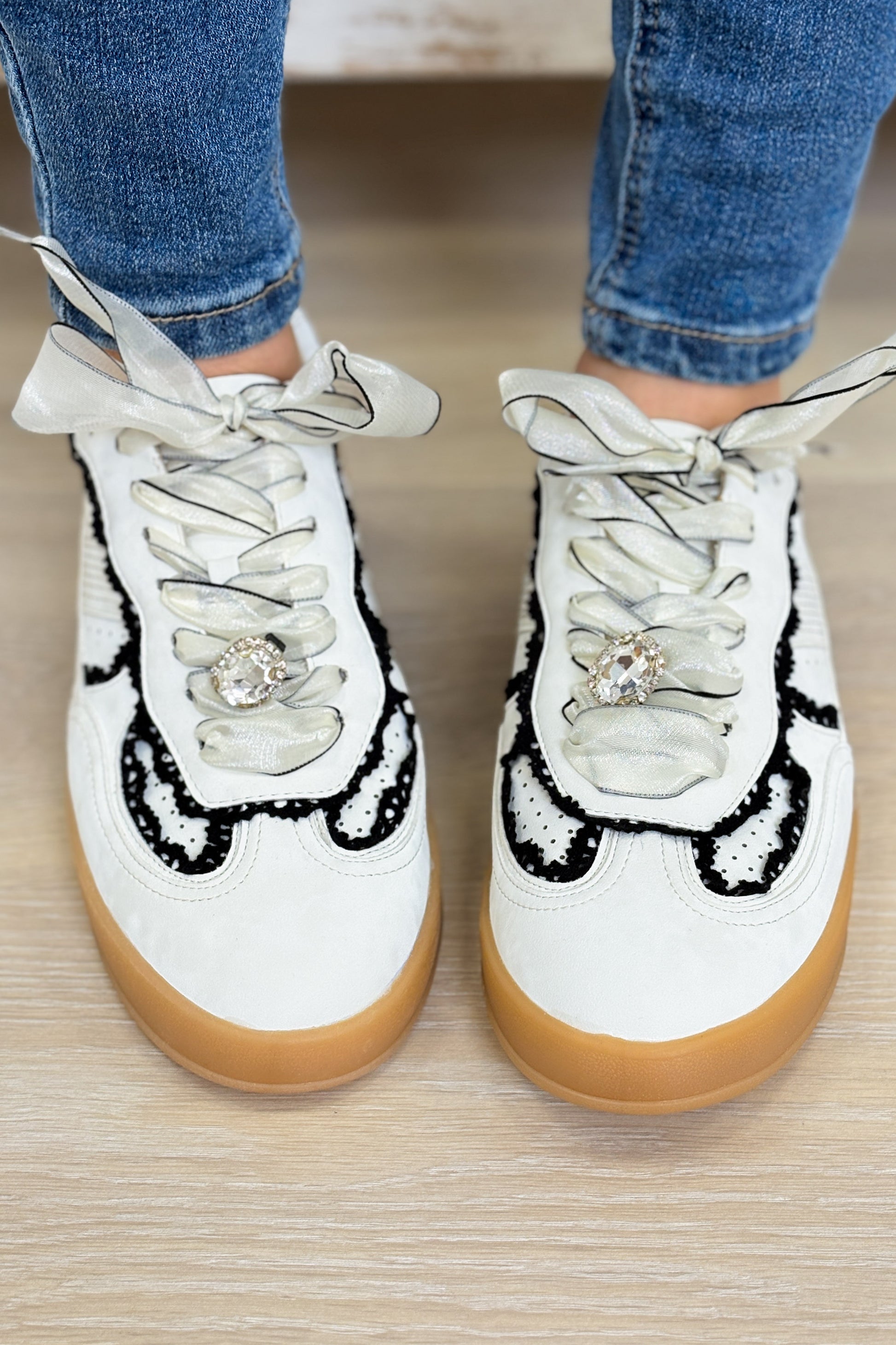 Eleanor Lace Trim Sneakers - White Black