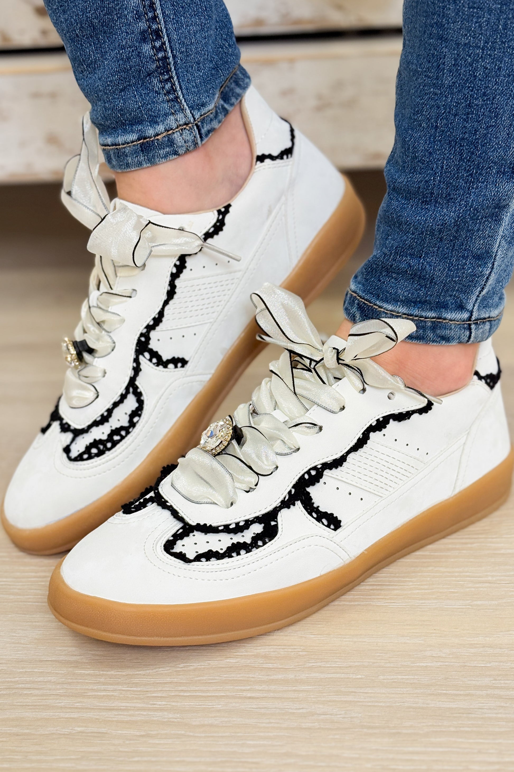Eleanor Lace Trim Sneakers - White Black