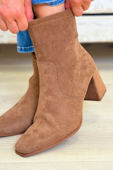 Cachet Suede Block Heel Ankle Booties - Taupe