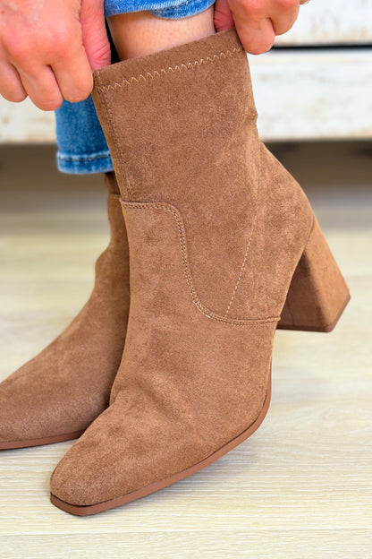 Cachet Suede Block Heel Ankle Booties - Taupe