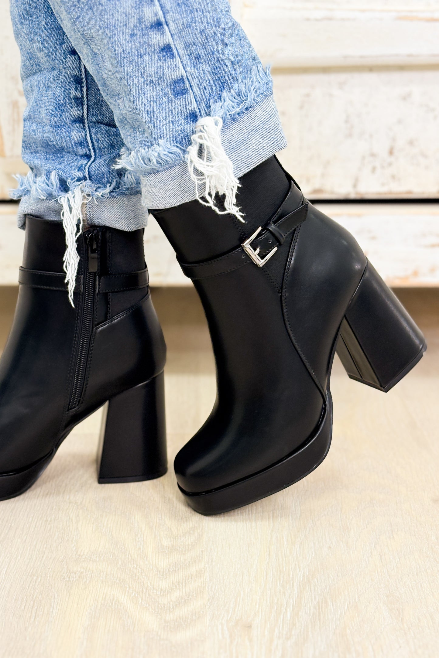 Dover Buckle Platform Booties - Black
