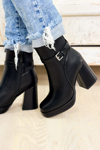 Dover Buckle Platform Booties - Black