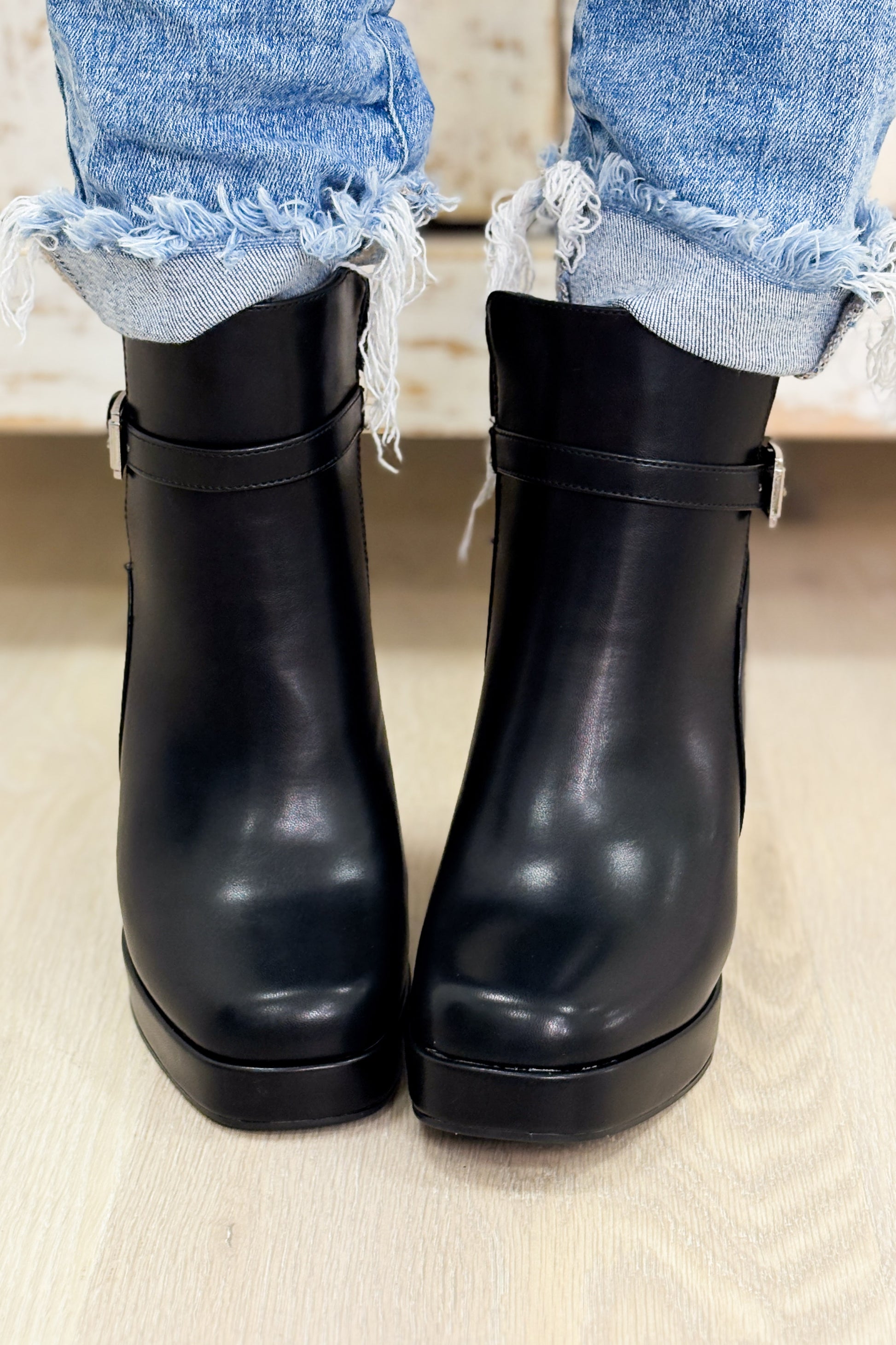 Dover Buckle Platform Booties - Black